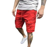 Mens Hiking Cargo Shorts Cotton Casual Jogger Sweat Shorts Knee Length Multi-Pocket Outdoor Lightweight Combat Tactical Work Utility Shorts Drawstring Climbing Safari Shorts Red