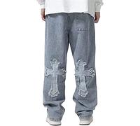 Mens Hip Hop Baggy Jeans Fashion Print Loose Fit Wide Leg Y2k Harajuku Denim Pants (Color : Blue, Size : S)