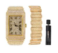 Men's Hip Hop Fashion Gold Plated Iced Bling Out Heavy Dial Luxury Rectangle Case Roman Numerals Quartz Analog Watch, Matching CZ Diamond Matching Bracelet Set, Gift Box, Gold Set I, Luxury