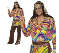 Smiffys Psychedelic Hippie Man Costume, Multi-Coloured with Trousers, Shirt, Headband and Belt, 1960's Groovy Fancy Dress, Adult Dress Up Costumes, World Book Day
