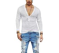 Mens Hippie Deep V-Neck T-Shirts Lightweight Slim Fit Long Sleeve Beach Shirts Stretch Muscle Gym Workout Tee Shirt(White,Small)