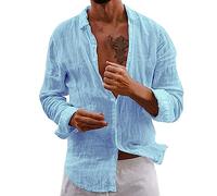 Men's Hippie Shirt Men's Shirt Collar Casual Style with Chest Pocket Classic Casual Shirt Linen Man Shirt Men Long Sleeve Linen Shirt, #3-blue, L
