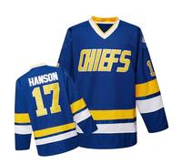 Men's Hockey Jerseys from The Movie Red Wings, Black Hawks, Alaska Charleston and The Mysterious Chief(Blue,L)