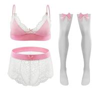 Mens Hollow Out Sissy Lingerie Set Bikini Crossdressing Hook And Eye Closure Lingerie Set Night Club Valentines Pink White 3XL 3 Piece