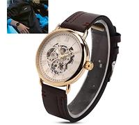 Men's Hollow Pattern Mechanical Wrist Watch, PU Leather Band, Fashionable Valentine's Day, 30m - White Surface+Gold Case, 8.3in (White Surface Gold Lettering Shell)