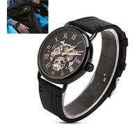 Men's Hollow Pattern Mechanical Wrist Watch, PU Leather Band, Fashionable Valentine's Day, 30m - White Surface+Gold Case, 8.3in (Black Shell with Gold Lettering)