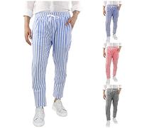 Mens Home Trousers Mens Striped Pants Lightweight Nightwear Bottoms Loose Fit Home Pants Soft Indoor Trousers Simple Colour Block Trouser With Drawstring Straight Fit Pyjamas Bottoms