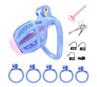 Mens Honeycomb Chastity Cage with 5 Arc Rings and Urethral Tube, Blue, Male Popular Chastity Devices -LA38UKW (D4L:Z)