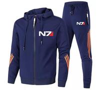 Men's Hooded Athletic Tracksuit, Long Sleeve Full Zip Active Jacket for Mass Effect N7, Jogging Sweatpants Sweatsuit 2 Piece, Casual Gym Exercise Running Sport Sweat Suit,Blue-l