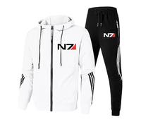 Men's Hooded Athletic Tracksuit, Long Sleeve Full Zip Active Jacket for Mass Effect N7, Jogging Sweatpants Sweatsuit 2 Piece, Casual Gym Exercise Running Sport Sweat Suit,White-3x_l