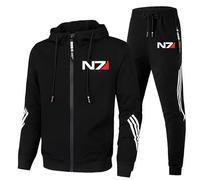 Men's Hooded Athletic Tracksuit, Long Sleeve Full Zip Active Jacket for Mass Effect N7, Jogging Sweatpants Sweatsuit 2 Piece, Casual Gym Exercise Running Sport Sweat Suit,Black-xx_l