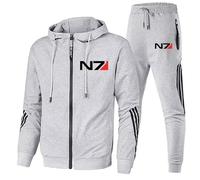 Men's Hooded Athletic Tracksuit, Long Sleeve Full Zip Active Jacket for Mass Effect N7, Jogging Sweatpants Sweatsuit 2 Piece, Casual Gym Exercise Running Sport Sweat Suit,Grey-x_l