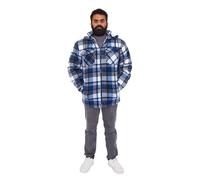 Mens Hooded Fleece Padded Lumberjack Shirt, Adult Casual Soft & Cosy Winter Sherpa Fur Lined Collared Hood Flannel Quilted Thermal Check Jacket UK Plus Size S to 5XL, Blue & White-XL