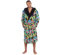 Mens Hooded Gamer Dressing Gown Plush Fleece Robe Black Medium