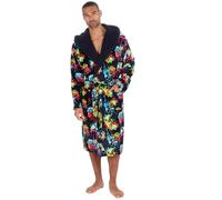 Mens Hooded Gamer Dressing Gown Plush Fleece Robe Navy Medium