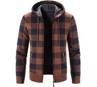 Mens Hooded Knitted Cardigan Fleece Lined Knitted Check Pattern Sweater Long Sleeve Chunky Knitwear Jumper Autumn Winter Full Zip Thick Warm Coat Hoodie Casual Plaid Jacket Top Outerwear E XL