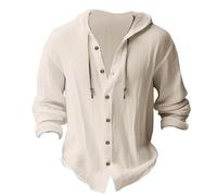 Mens Hooded Linen Shirt Long Sleeve Button Down Casual Shirt with Drawstring Hood and Chest Pocket Comfortable Loose Fit Boho Beach Relaxed Wear(Khaki, XL)
