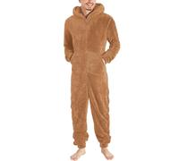 Men's Hooded Loungewear Onesies Solid Colour Plush Long Sleeve Threaded Zip Comfortable Casual Lightweight Soft Classic Winter Warm Cozy Snuggle Fleece Nightwear Pyjamas Brown