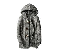 Men's Hooded Mid Length Cardigan Sweater Shawl Collar Open Front Long Ribbed Knit Sweaters Slim Fit Knitwear Jackets Coats (Grey,L)