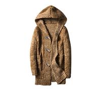 Men's Hooded Mid Length Cardigan Sweater Shawl Collar Open Front Long Ribbed Knit Sweaters Slim Fit Knitwear Jackets Coats (Khaki,5XL)