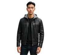Men's Hooded Navy Blue Biker Real Lamb Leather Slim Motorbike Moto Casual Jacket