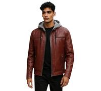Men's Hooded Ox Red Biker Real Lamb Leather Slim Motorbike Moto Casual Jacket