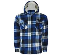 Mens Hooded Padded Shirt Polar Fleece Sherpa Fur Lining Inside Front Pockets [Blue/White - 110 Sherpa, L]