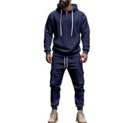 Mens Hooded Plain Tracksuit Fleece Ribbed Cuff Sweatshirts Cotton Blend Joggers Comfy Soft Tracksuits Set Loungewear Set 2 Piece Casual Sweat Suits Holiday Clothes (Navy, S)
