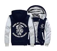 Men's Hooded Pullover with Anarchy Sons Print and Zipper Long Sleeve Hooded Jacket Winter Warm Fleece interior sweatshirt Plus Thickn Fleece Jacket Sweat Jacket with Hood(Navy,L)