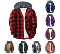 Men's Hooded Shirts Jacket Lined Plaid Hoodies Shirt Buttons Down Padded Check Lumberjack Jacket Mens Long Sleeve Shirt Down Lined Warm Jackets Men's Casual Plaid Shirts for Men Regular