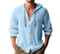 Mens Hoodie Cotton Linen Shirts Lightweight Hoodie with Chest Pocket Beach Tops Summer Button Down Tshirts Grandad Collar Shirts Loose Fit Long Sleeve Shirt, Summer Linen Shirt Sky Blue