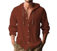 Mens Hoodie Cotton Linen Shirts Lightweight Hoodie with Chest Pocket Beach Tops Summer Button Down Tshirts Grandad Collar Shirts Loose Fit Long Sleeve Shirt, Summer Linen Shirt Wine