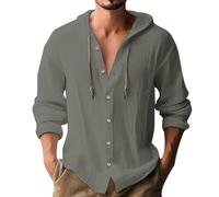 Mens Hoodie Cotton Linen Shirts Lightweight Hoodie with Chest Pocket Beach Tops Summer Button Down Tshirts Grandad Collar Shirts Loose Fit Long Sleeve Shirt, Summer Linen Shirt Green