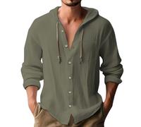 Mens Hoodie Cotton Linen Shirts Lightweight Hoodie with Chest Pocket Beach Tops Summer Button Down Tshirts Grandad Collar Shirts Loose Fit Long Sleeve Shirt, Summer Linen Shirt Military Green