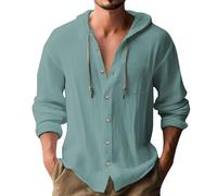 Mens Hoodie Cotton Linen Shirts Lightweight Hoodie with Chest Pocket Beach Tops Summer Button Down Tshirts Grandad Collar Shirts Loose Fit Long Sleeve Shirt, Summer Linen Shirt