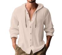 Mens Hoodie Cotton Linen Shirts Lightweight Hoodie with Chest Pocket Beach Tops Summer Button Down Tshirts Grandad Collar Shirts Loose Fit Long Sleeve Shirt, Summer Linen Shirt Khaki
