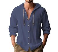 Mens Hoodie Cotton Linen Shirts Lightweight Hoodie with Chest Pocket Beach Tops Summer Button Down Tshirts Grandad Collar Shirts Loose Fit Long Sleeve Shirt, Summer Linen Shirt Navy