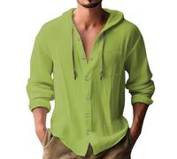 Mens Hoodie Cotton Linen Shirts Lightweight Hoodie with Chest Pocket Beach Tops Summer Button Down Tshirts Grandad Collar Shirts Loose Fit Long Sleeve Shirt, Summer Linen Shirt Mint Green