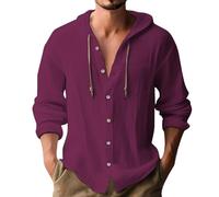 Mens Hoodie Cotton Linen Shirts Lightweight Hoodie with Chest Pocket Beach Tops Summer Button Down Tshirts Grandad Collar Shirts Loose Fit Long Sleeve Shirt, Summer Linen Shirt Purple