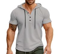 Men's Hoodie Shirt Short Sleeve Plain Button Down Casual Drawstring Hoody Lightweight Breathable Slim Fit Shirt Outdoor Workout Summer Vacation Top (Grey, XXL)