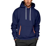 Mens Hoodie with Kangaroo Pocket, Contrast Zip Detail & Drawstring Hood, Casual Long Sleeve Pullover Hooded Sweatshirt for Everyday & Outdoor Wear Navy