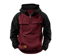 Mens Hoodies 1/4 Zip Plain Pullover Hooded Sweatshirts Color Block Patchwork Long Sleeve Sport Drawstring Hoody Top with Pockets Autumn and Winter Warm Casual Pull-Over Fashion Classic Workwear Red