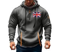 Mens Hoodies Casual Cargo T Shirt Multiple Pockets Pullover Union Jack Print Men's Shirt Drawstring Quarter Zip Jumpers For Men Uk Hooded Mens Tops Long Sleeve Sweatshirt