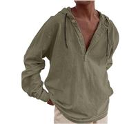 Mens Hoodies Clearance Summer V Neck Button Hooded Shirts Casual Drawstring Hoody Solid Color Cotton Beach Tops Breathable Lightweight Long Sleeves Pullover with Hood Army Green