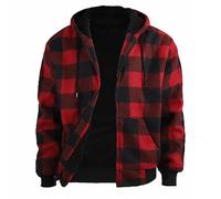 Mens Hoodies Full Zip Fleece Gingham Hoody Mens Retro Full-Zipper Cotton Softshell Sherpa Hoodies Cardigans Jacket Patchwork Hooded Comfy Thermal Thick Fashion Coat Streetwear Lumberjack Sweater Red
