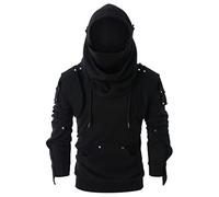 Mens Hoodies Gothic Dark Masked Jumpers with Hood Medieval Vintage Hoodie Retro Long Sleeve Hooded Sweatshirt Button Decorative Drawstring Pullover Cosplay Costume Streetwear