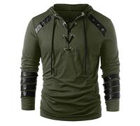 Mens Hoodies Leather Patchwork Drawstring Winter Tops Blouses Long Sleeve Hooded Men Men's blouse (Green, M)