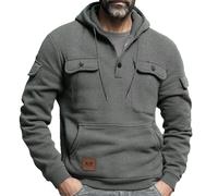 Mens Hoodies Pullover,Work Jumpers Mens Fleece Lined Cargo Military Hooded Sweatshirt Patchwork Tactical Pullover Tops Winter Gym Outfits Hoody Essentials Hoodies with Zip Pockets Dark Gray
