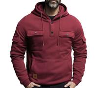 Mens Hoodies Pullover,Work Jumpers Mens Fleece Lined Cargo Military Hooded Sweatshirt Patchwork Tactical Pullover Tops Winter Gym Outfits Hoody Essentials Hoodies with Zip Pockets Wine