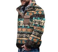 Mens Hoodies Sale Clearance Lambwool Fleece Jacket Vintage Ethnic Aztec Printed Coats Button Down Band Collar Pullovers Funny Graphic Fluffy Sweatshirt Thicken Tee Shirts Winter Warm Tops Green XL